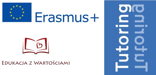 Logotypy projektów: Erasmus+, Edukacja z Wartościami, Tutoring